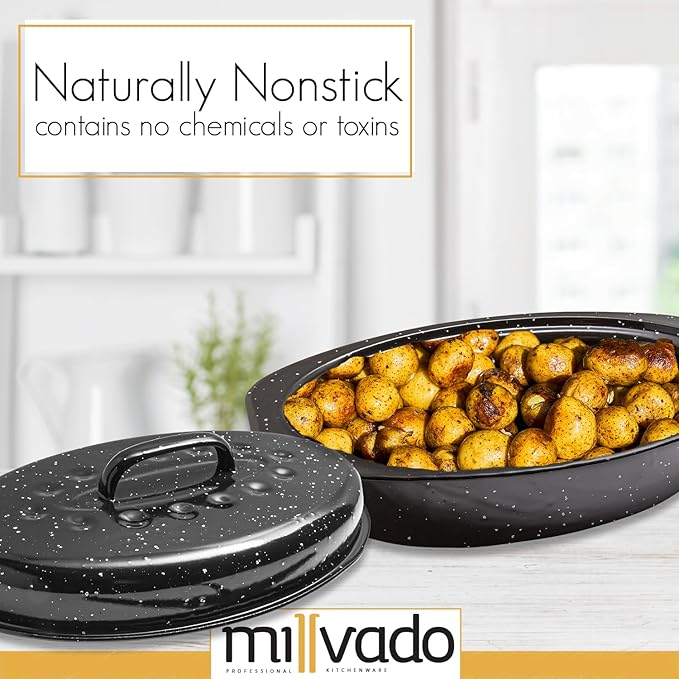 Millvado Roasting Pan With Lid, Turkey Roaster Pan, 13" Granite Oven Roaster Oval Shaped Speckled Enamel on Steel Cookware