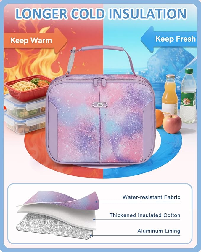 Insulated Lunch Box for Kids, Cute Thermal Lunch Bag for School, Reusable Lunch Tote for Boys and Girls, Durable Cooler Bag with Easy Grab Handle, Lightweight and Easy to Clean, Galaxy Starry Sky