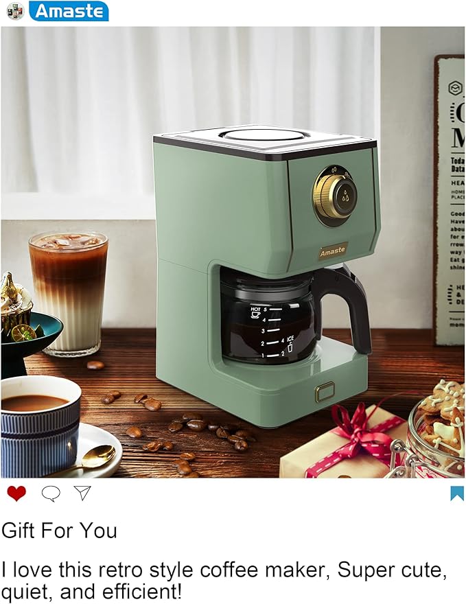 Amaste Drip Coffee Maker, Coffee Machine with 25 Oz Glass Coffee Pot, Retro Style Coffee Maker with Reusable Filter & Three Brewing Modes, Warming Plate, Matcha Green