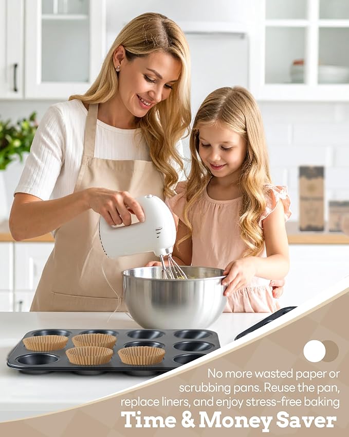 Bake Choice 2 Pack Muffin Pan for Baking, Standard Cupcake Pan includes 100 Natural Cupcake Liners, Muffin Tin Nonstick 12 Cup, Baking Pans Set, Carbon Steel Baking Supplies