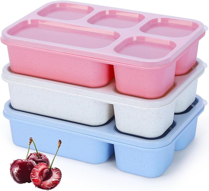 Rinwoc Bento Box Adult [Portion Size], 3 Pack Snack Containers with 5 Compartments for Meal Prep & On-the-Go [Work, Travel], Lunchable Container Reusable and BPA-Free