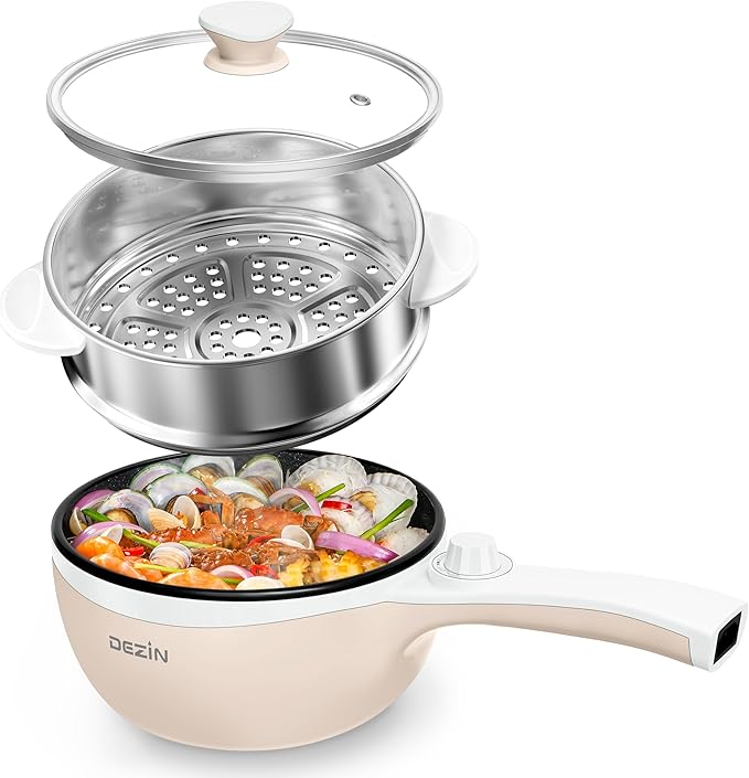 Dezin Hot Pot Electric with Steamer Upgraded, Non-Stick Sauté Pan, Rapid Noodles Electric Pot, 1.5L Mini Pot for Steak, Egg, Fried Rice, Ramen, Oatmeal, Soup with Power Adjustment