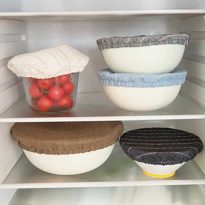 100% Pure Linen Bowl Covers For Bread Proofing, 4 Pcs Elastic Reusable Bowl Covers Large Ticking Striped Cloth Fabric Stretch Sourdough Lids, 6 * 8 * 10 * 12 Inches- Navy Blue