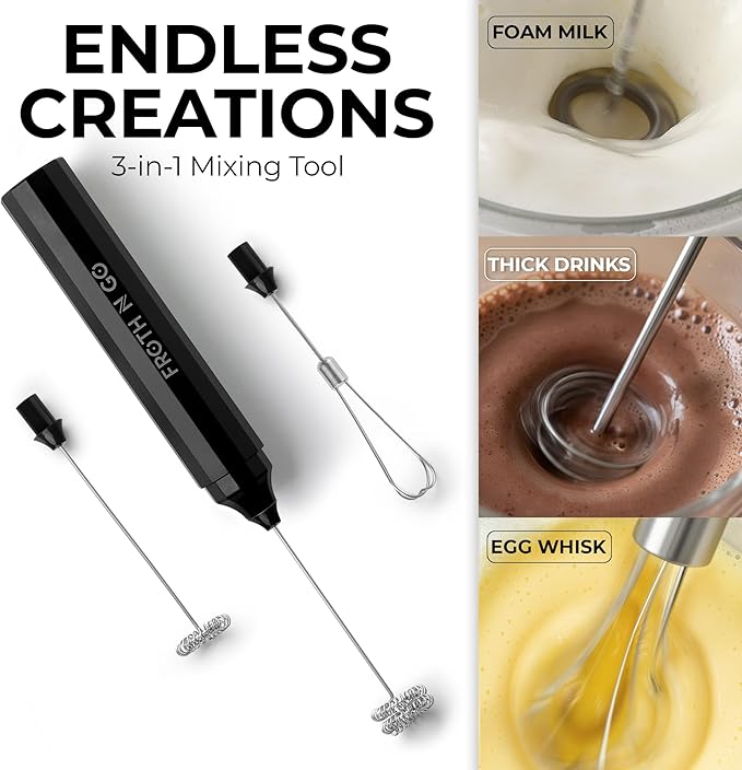 Zulay Froth N Go Milk Frother – Rechargeable 3-in-1 Handheld Frother Wand with Travel Case & USB-C Charger – Single, Double & Egg Whisk for Latte, Cappuccino, Matcha, Protein Shakes – Black