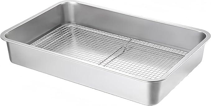 Stainless Steel Sturdy Roasting Pan with Cooling Rack – Oven, Toaster & Grill Safe, Deep Edge, Smooth Finish, Dishwasher Safe – Perfect for Turkey, Chicken, BBQ (23.4x15.6x2.8in)
