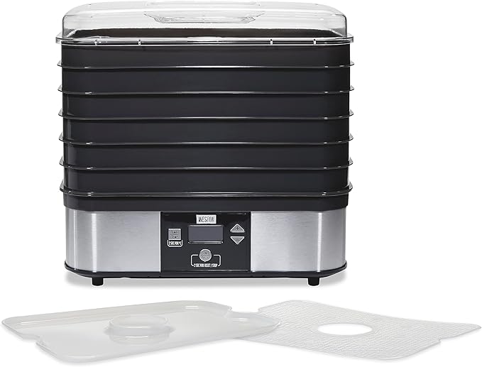 Weston Food Dehydrator Machine for Jerky, Fruit, Meat, Herbs, Vegetables, with Digital Temperature Control (100-160F), 6 Stackable Trays (7.4 sq. ft.), Black (75-0401-W)