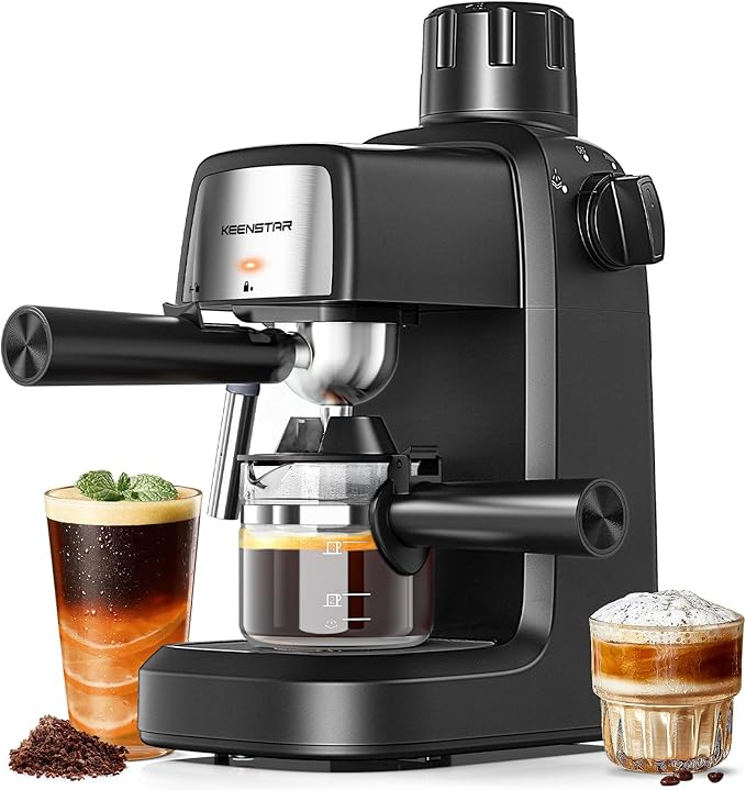 KEENSTAR 3.5Bar Espresso Machine with Milk Frother, 800W Compact Espresso and Cappuccino Machine with Preheating Function, 4 Cup Espresso Maker for Cappuccino or Latte, Gift for Coffee Lover