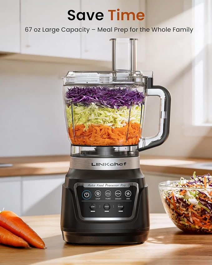 LINKchef Food Processor 68 oz, 700W Electric Vegetable Chopper with 4 Functions for Chopping, Slicing, Shredding, Pureeing and Dough Mixing, Meat Grinder with Stainless Steel Blades for Kitchen