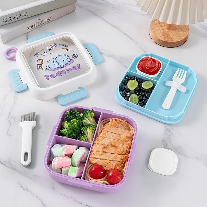 Bento Box for Kids Adults – Cute Cartoon 2-Layer Lunch Box with Fork, Sauce Cup & Brush, BPA-Free, 3-Compartment Square Snack Container with Handle for School, Office, or Travel (Purple)