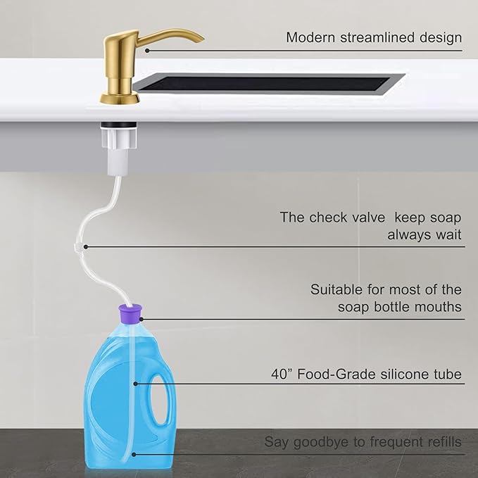 GAGALIFE Built in Counter Soap Dispenser for Kitchen Sink and Extension Tube Kit, Anti-Leakage Upgrade with 40" Tube No More Top Refill, Brushed Gold
