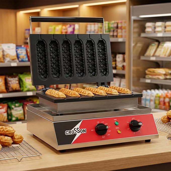 CROSSON Commercial 6PCS Waffle Stick Maker, Non-Stick Triple-Layer Coating Corn Hot Dog Waffle Iron W/ 140-480℉ Temp Range and 5 Minutes Timer, Machine for Restaurant Bakery Snack Bar-120V/1600W