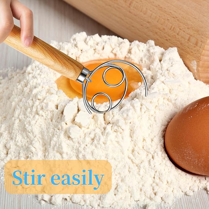 Danish Dough Whisk Stainless Steel Dough Hook Dutch Whisk for Sourdough Bread Dough Mixer Hand Wooden Handle Kitchen Whisking Mixing Tool Bread Making Tools and Supplies pizza dough