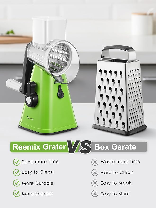 Rotary Cheese Grater with Handle, Reemix Vegetable Cheese Shredder Slicer Grater for Kitchen 3 Changeable Blades for Cheese Potato Zucchini Nuts Chocolate (Green)