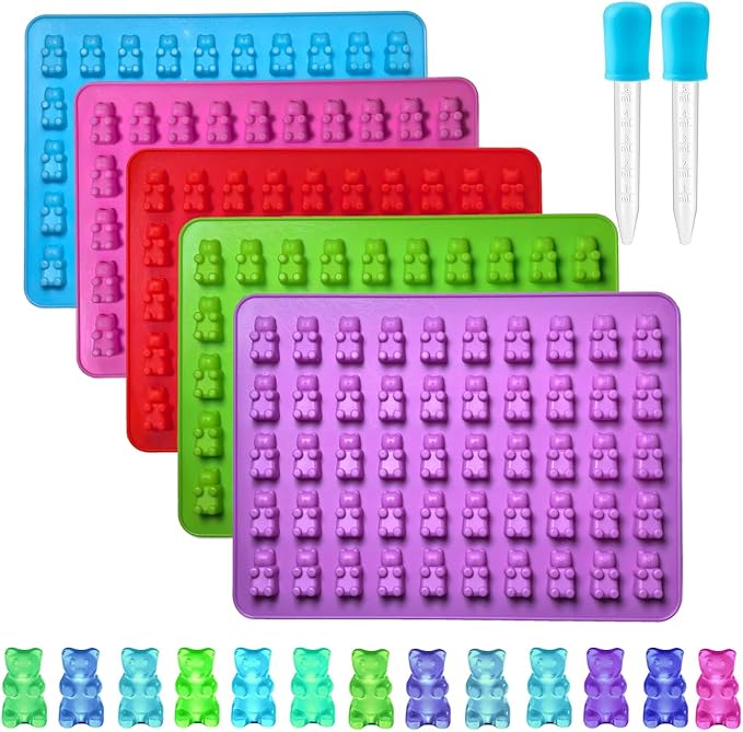 Gummy Candy Molds - 5Pcs Silicone Gummy Mini Bear Molds With 2pcs Dropper,Non-stick and Bpa Free for Mini Candy Chocolate Gummies Baking