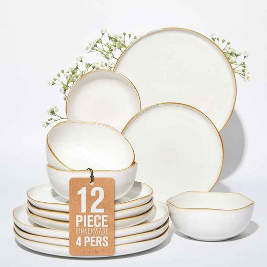 Dinnerware Set for 4, Ceramic Dish Set, Plate and Bowl Set, Microwave & Dishwasher Safe Dishware Set, Chip & Scratch Resistant Dinner Sets, Irregular Edge Design, White