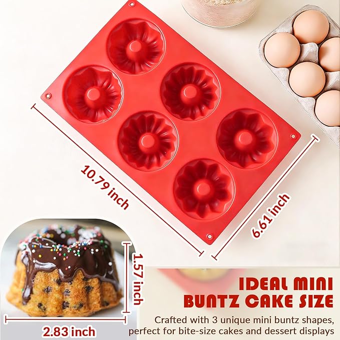 HKMTT Small Silicone Buntz Pan, Mini Fluted Tube Rum Cake Baking Molds, 6 Cavities 2 Pack 3 Shaped BPA Free Oven Safe Food Grade Non Stick Moulds