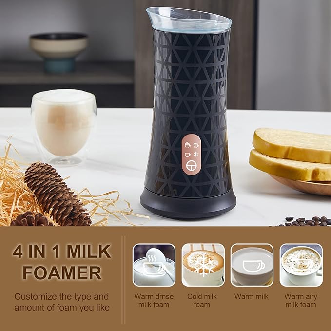 Electric Milk Frother 4-in-1 Milk Steamer with 500W Strong Power for Coffee Latte Cappuccino Hot Cold Foam Maker Quick Heating 240ml Large Capacity (US Plug)