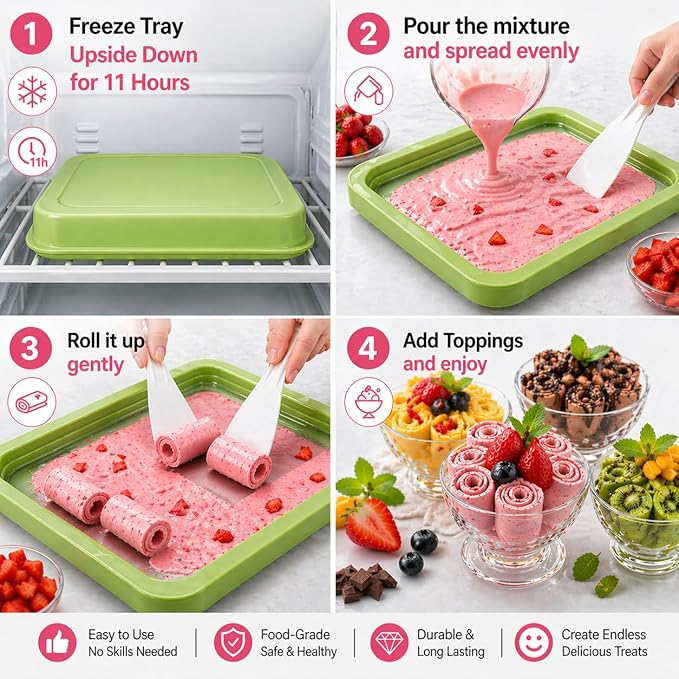 Ice Cream Roller Maker, At Home Rolled Ice Cream Maker Machine, Dairy Free & Frozen Yogurt Maker, Electric Free Countertop Ice Cream Machine with Spade for Rolls, Sorbet & Frozen Yogurt (Green)