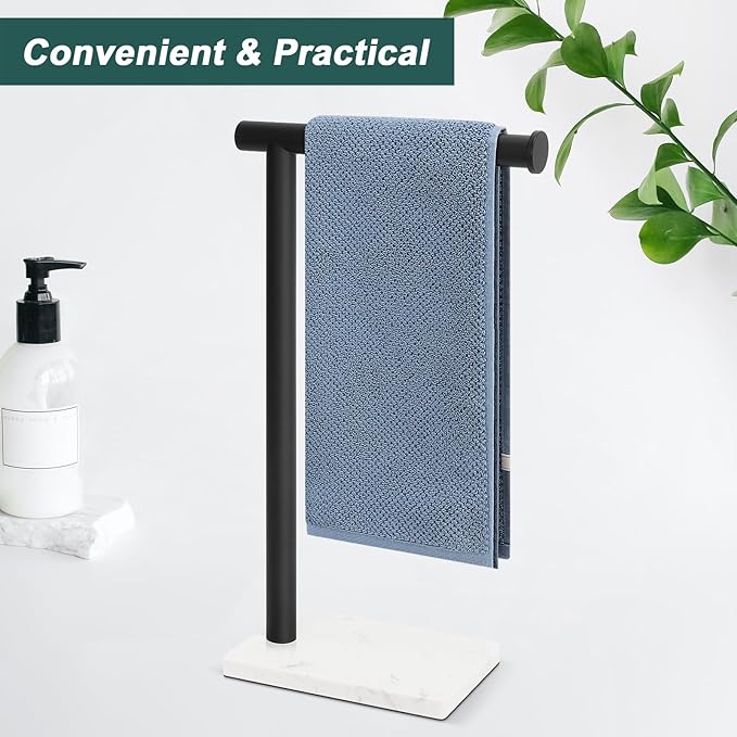 Hand Towel Holder, Hand Towel Stand for Bathroom with Marble Base, 304 Stainless Steel L Shape Hand Towel Rack Bar Standing for Vanity Kitchen Countertop, Matte Black