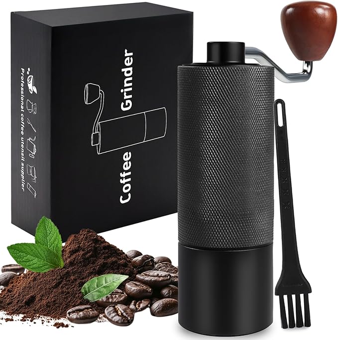 Manual Coffee Grinder Gift Box Non-Detachable Stainless Steel Conical Burr Aluminum Coffee Bean Grinder with 25 Grinding Settings Cleaning Brush Grindable Espresso Moka Pot for Camping Black