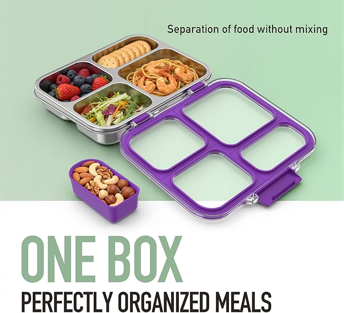 Stainless Steel Bento Box for Kids with Silicone Container, 4 Compartment Metal Lunch Box Kids Adults, Removable Silicone Seal & Clear Lid, Leak Proof Food Storage Container for Meal (Purple)