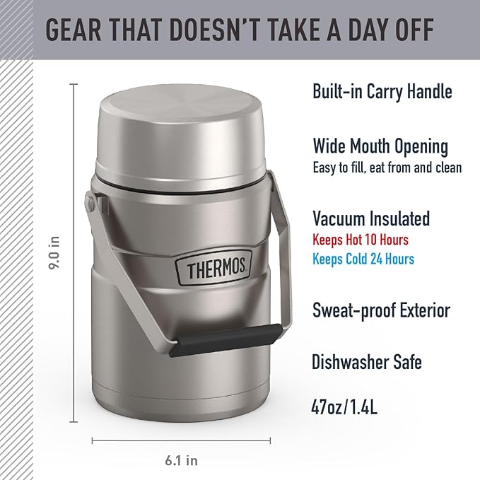 THERMOS Stainless King Vacuum-Insulated Food Jar with 2 Storage Container Inserts, 47 Ounce, Matte Stainless Steel