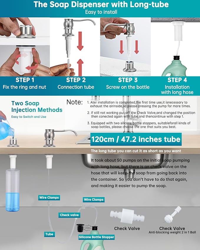Built in Deck Mount Liquid Lotion Kitchen Countertop Metal Soap Dispenser, Brushed Nickel Brass Dispenser Pump with 47.2" Silicone Long Tube for 0.79 "- 1.38" High Capacity Bottle Mouths