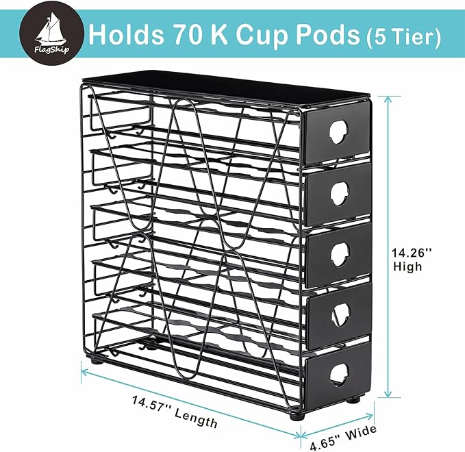 FlagShip K Cup Organizer for Keurig Pod Drawer Large Mullti Tier Coffee Pod Holder(70 Pods Capacity)