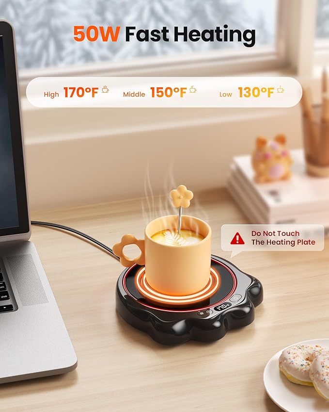 Gaiatop Mug Warmer, 50W Cute Cat Paw Cup Warmers, 3 Temp Settings, 2-10H Auto Shut Off, Coffee Accessories Keep Beverage Hot for Desk and Home, Heated Plate Stocking Stuffers for Tea Candle Black