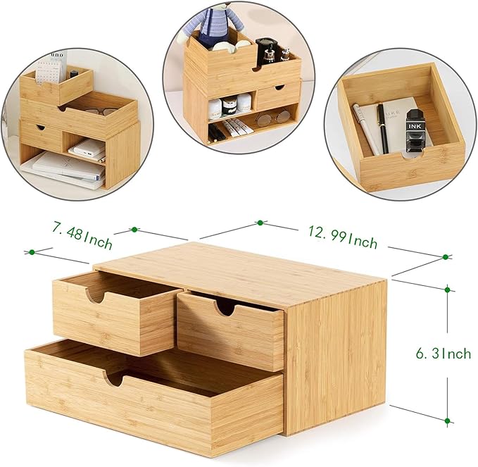 Wisuce Bamboo Desk Drawer Organizer, Desktop Organizer with Drawers Tabletop Storage Organization Box for Office Home Toiletries Supplies Vanity, No Assembly Required(3 Drawers-up down)