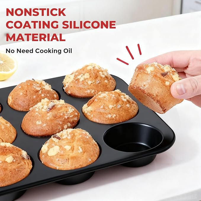 Silicone Muffin Pan for Baking: 12 Cup Muffin Pan with Metal Reinforced Frame, Regular Size Cupcake Egg Bites Molds for Baking, BPA Free Silicone Muffin Tray, Dishwasher Safe (1 Pack, Black)