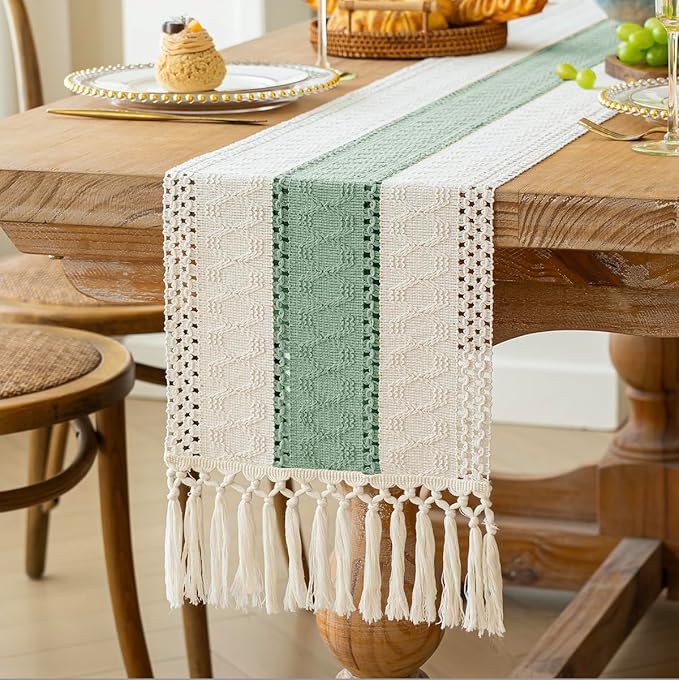 FEXIA Boho Table Runner for Home Decor with Tassels 108 Inches Long,Sage Green Farmhouse Rustic Table Runner Macrame Burlap Table Decoration for Living Room Bridal Shower(12x108 Inches)