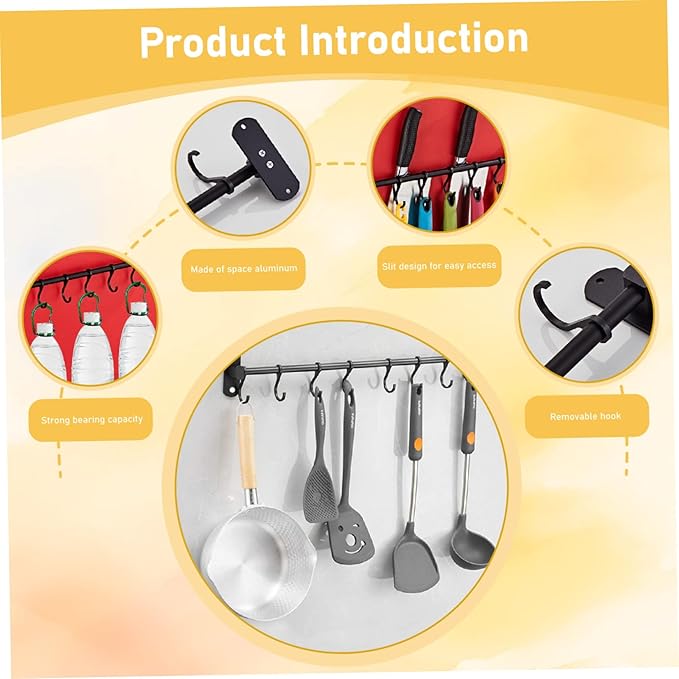 Kitchen Utensil Hanger, Wall Mounted Kitchen Rail with 8 Sliding Hooks, Heavy Duty Aluminum Hanging Utensil Holder for Pot Pan Mugs SpoonsKitchen Hanger