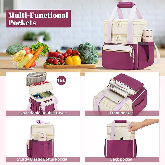 holuxer Insulated Lunch Bag & Lunch Box for Women - Double Deck Reusable Lunch Bag for men Tote Cooler Bag Leakproof Soft Expandable - Large Lunchbox for Work/Adult/Picnic/Outdoor (Light Purple，15L)