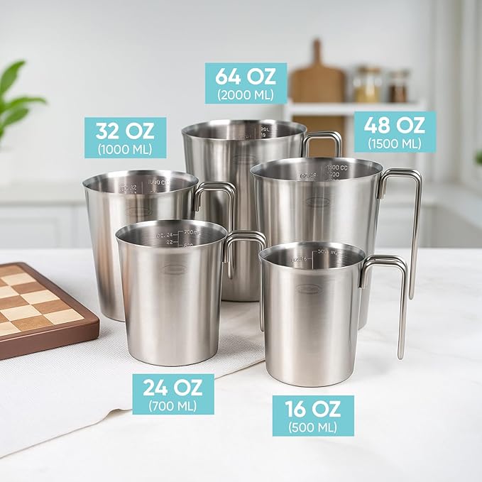 Newness 2-Pack Stainless Steel Measuring Cups Set, (3 Marking Including Cup/ML/Oz Scale) (2 & 3 Cup) Metal Measuring Cup with Handle For Prepping, Baking and Cooking, Dishwasher, Microwave Safe