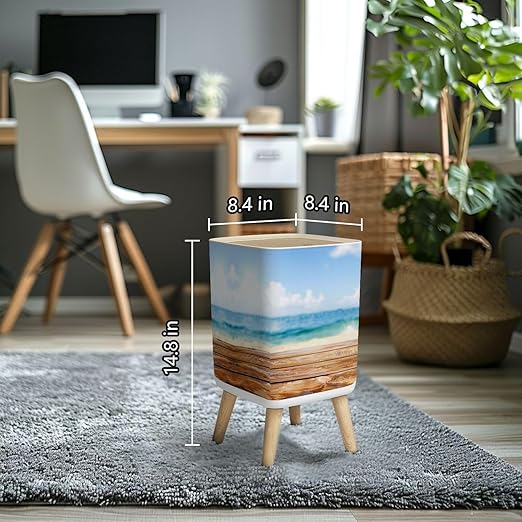 Small Trash Can with Lid Wooden table top blurred summer blue sea sky space for your display Wastebasket with Press Cover Dog Proof Garbage Can Waste Bin for Kitchen Bathroom Nursery 2.6 Gallon