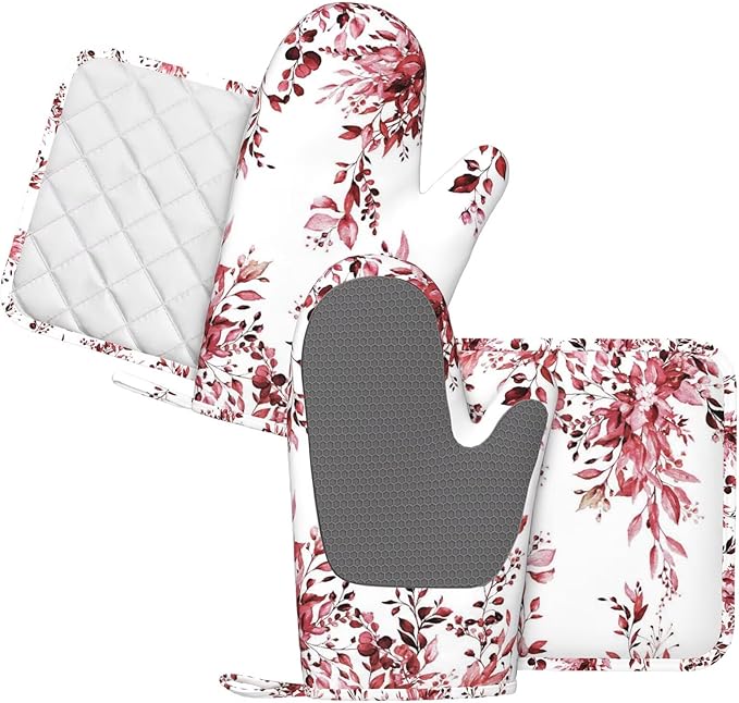Burgundy Red Eucalyptus Oven Mitts and Pot Holders Set, 4pcs Silicone Watercolor Plant Leaves with Floral Oven Glove for Kitchen Heat Resistant Oven Mitts and Potholders Non-Slip for Cooking