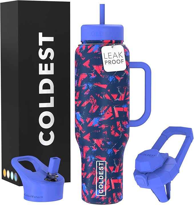 Coldest Tumbler with Handle and Straw - 100% Leak Proof Insulated Tumbler with Lid and Straw (3 Lids) - Stainless Steel Tumblers for Women & Men - Cup Holder Friendly Base, 46 oz (Trailblazer)