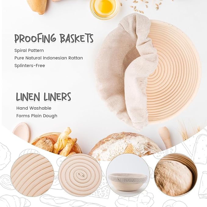 DOYOLLA Bread Proofing Baskets Set of 2 8.5 inch Round Dough Proofing Bowls and Liners Perfect Home Sourdough Bread Baking supplies
