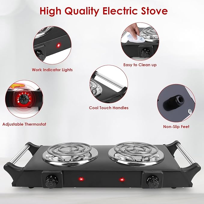 Electric Countertop Double Burner, 2000W Cooktop with Coil Hot Plate & Stay Cool Handles, 5 Level Temperature Control, Easy to Clean, Indicator Lights, Cooking Stove for Office/Home/Camping Use