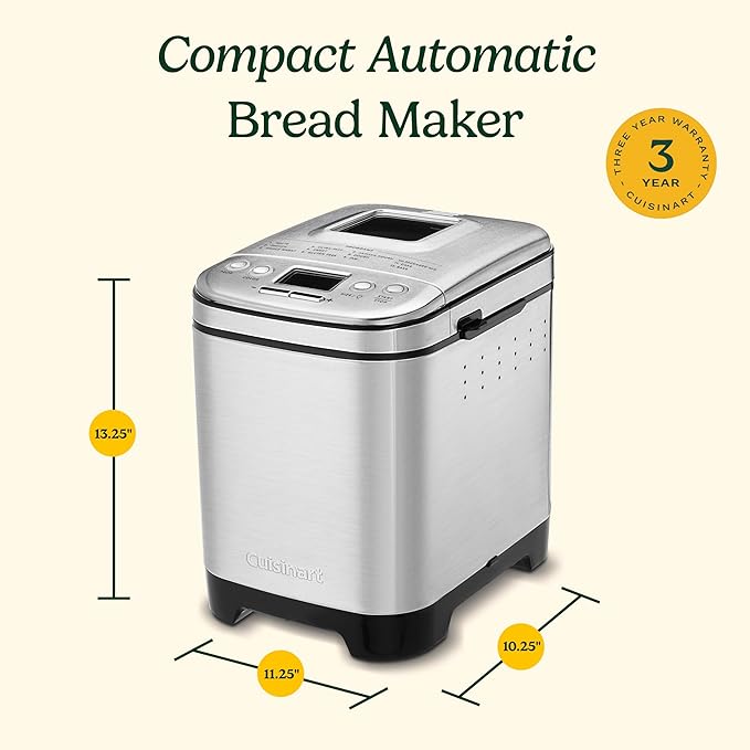 Cuisinart Bread Maker Machine, Stainless Steel Automatic Bread Machine with 12 Menu Options, 3 Loaf Sizes up to 2 Lb., 3 Crust Colors, Removable Nonstick Baking Pan & Kneading Paddle, CBK-110NAS