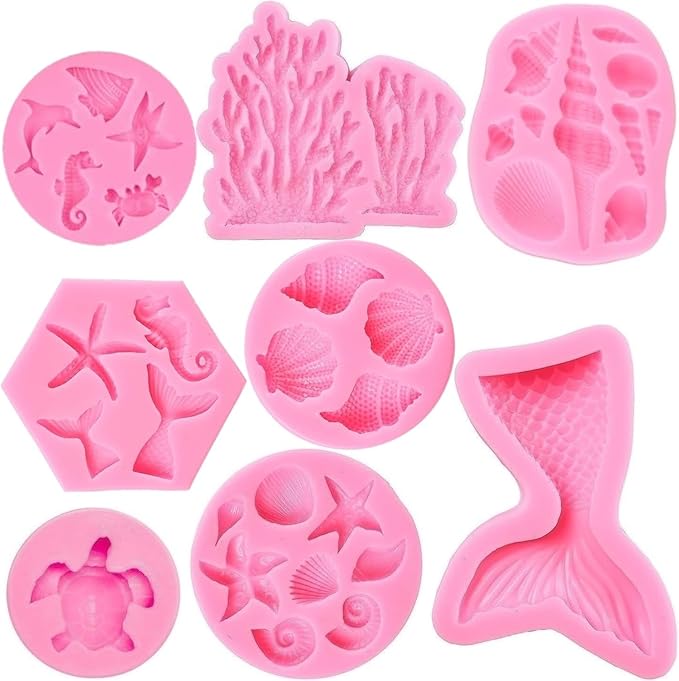 Mermaid Theme Cake Mold, Mermaid, Shell, Seaweed, Coral Silicone Mold Cupcake Toppers Mold for Candy,Chocolate,Fondant,Polymer Clay,Crafting Projects & Cake Decoration
