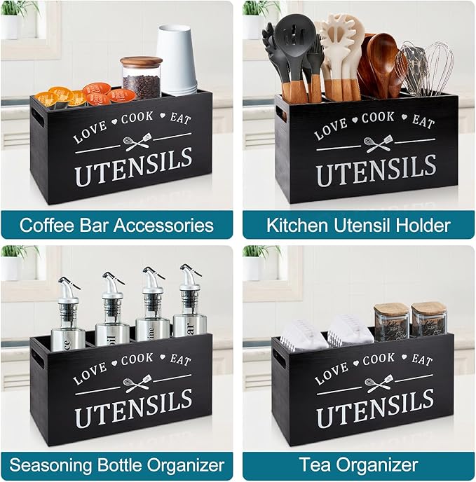 Black Farmhouse Utensil Holder for Kitchen Counter Extra Large Cooking Utensil Holder Caddy Utensils Storage Organizer for Countertop Rustic Wood Kitchen Tool Decor Utensil Crock Spatula Holder
