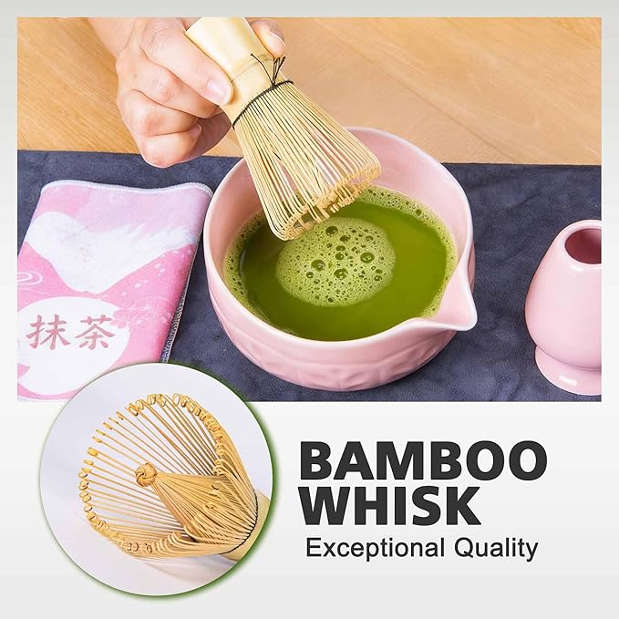 Matcha Whisk Bowl Set, 7PCS All-in-One Japanese Tea Set Includes Matcha Bowl with Spout, Bamboo Whisk (Chasen) with Stand, Scoop, Sifter, Complete Kit for Ceremony, Gift for Matcha Tea Lovers（Pink)