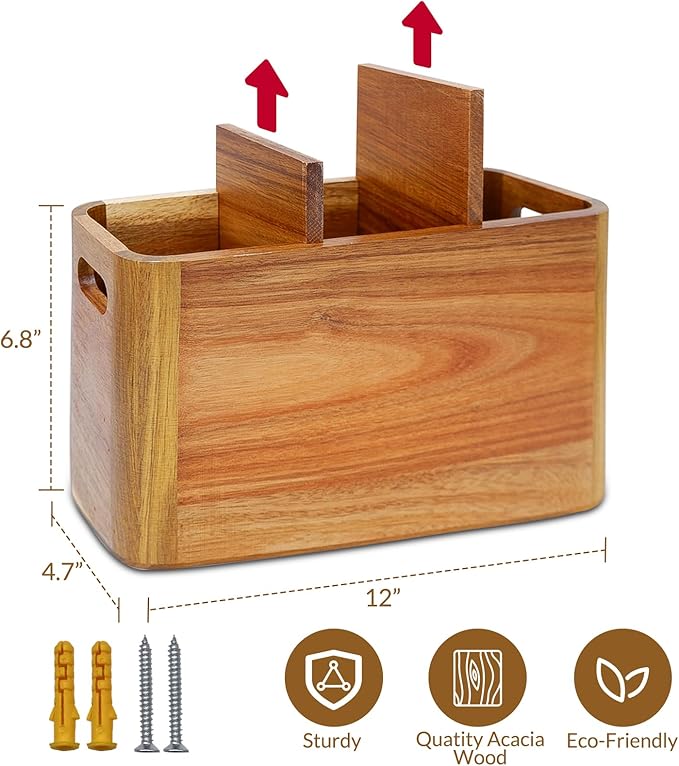 Wooden Kitchen Utensil Holder Organizer for Counter or Countertop, Large Wooden Utensil Holder for Storage Cooking and Silverware with 3 Compartment, Acacia Rustic Wood Container Extra Large