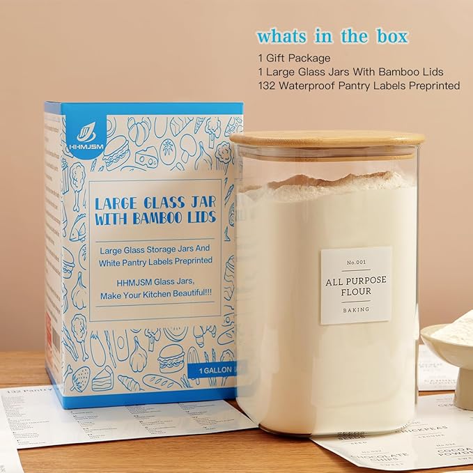 HHMJSM Large glass flour and sugar containers with 132 Kitchen Pantry Labels - 138 FL OZ Glass Food Storage Containers with Airtight Lids - Square Glass Jars Rice with Bamboo Lids