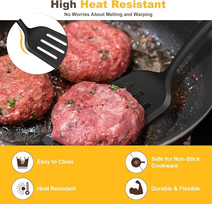 Pack of 2 Silicone Spatula Set with Elegant Wooden Handle, Heat Resistant Solid & Slotted Turner for Non Stick Pans, Great Kitchen Spatulas, Cooking Utensils for Sautéing, Frying, Flipping -Black