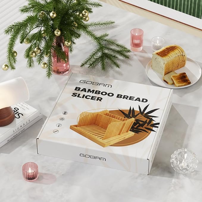 Gobam Adjustable Bamboo Bread Slicer, Fits Bread up to 6.4”H & 10”W, Extra-Large & Tall Design for Sourdough & Homemade Loaves, 3 Thickness Settings, Crumb Tray, Foldable, Ideal Gift for Bread Lovers