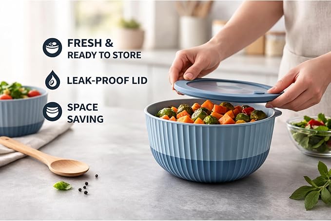 Mixing Bowls with Lids, 8-Piece Airtight Leak-Proof Nesting BPA-Free Bowl Set for Kitchen & Food Storage, Large 4200ml Capacity, Microwave & Dishwasher Safe