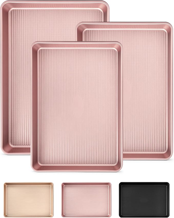 Professional Non-Stick Baking Sheets Set, 3-Piece Heavy Duty Carbon Steel Cookie Sheets with Oven Safe & Even Heating for Baking, Roasting, Cooking (Pink)